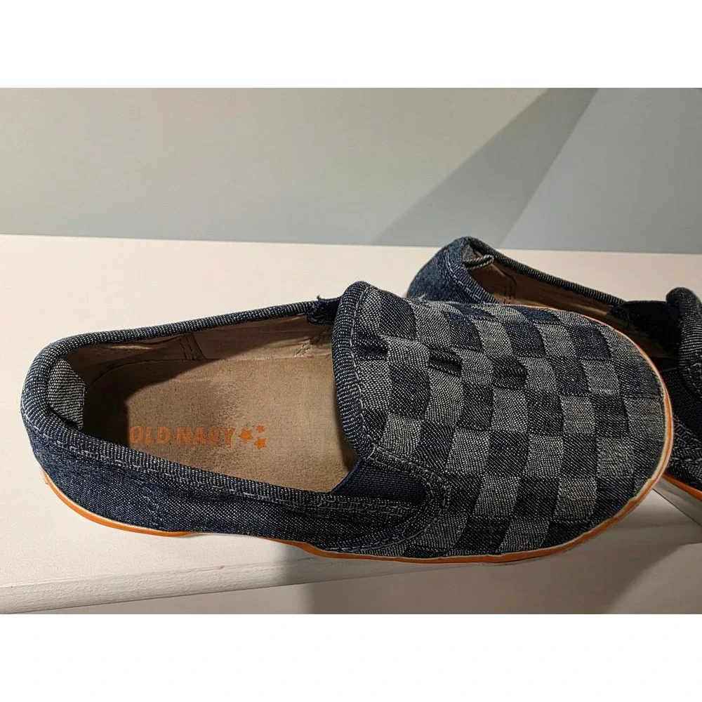 Kid's sz 11 Old Navy Blue Denim Checkerboard Slip On Sneakers Orange Trim Summer
